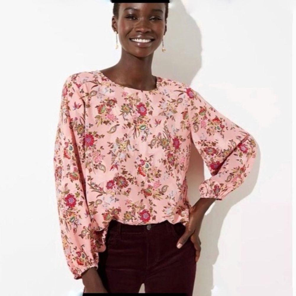Loft Floral Jacquard Ballon Sleeve Blouse Pink Satin Boho Career Cottagecore S - Picture 2 of 13
